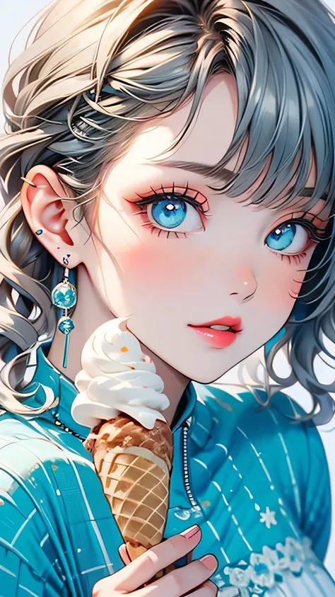 Close-up of a person holding an ice cream cone, pretty girl, Wavy silver-haired woman, bangs, Bright Blue Eyes, Red lips, Gentle green dress,