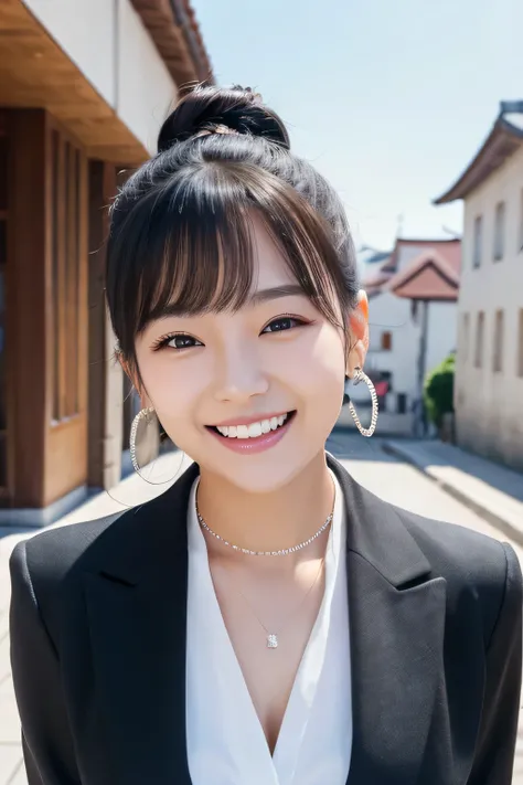 young woman、 Korean women、Black Hair、Hairstyle bun、ear piercing、Necklace around the neck、business suit、smile、Laughing with your mouth open、Beautiful teeth alignment、Intricate details, Very detailed:1.2), 、 Looking into the camera,The background is the town...