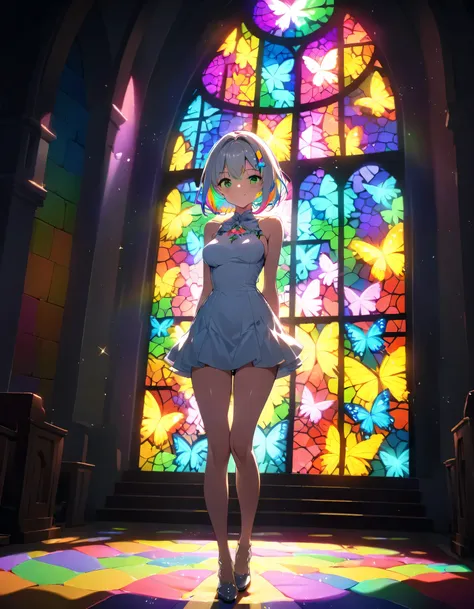 One girl, masterpiece, Very detailed, ((Cinema Lighting)), (Shine), ((Dramatic lighting)), ((Beautiful sparkle)), Super Detail, Slender beauty, Lens flare, Multicolored Hair, Rainbow Hair, Short Bob, Colorful dresses, Butterfly hair accessory, butterfly, (...