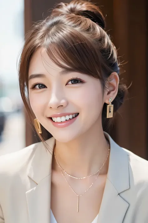 young woman、 Korean women、Light brown hair、Hairstyle bun、ear piercing、Necklace around the neck、business suit、smile、Laughing with your mouth open、Beautiful teeth alignment、Intricate details, Very detailed:1.2), 、 Looking into the camera,The background is th...