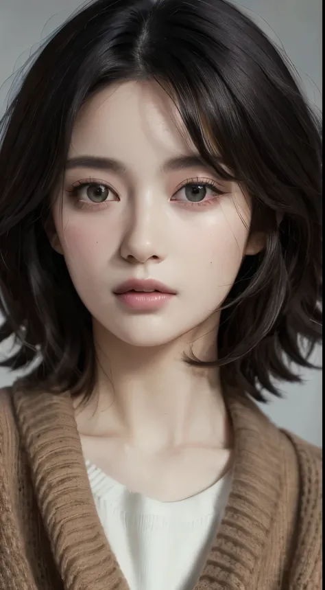 (masseter muscle fragment:1.3)、(8K、realistic、raw photo、top quality: 1.4)、(1 woman)、beautiful face、(lifelike face)、(black hair、Short hair:1.3)、beautiful hairstyle、realistic eyes、beautiful details、(Looks like real skin)、beautiful skin、(oversized cardigan)、ab...