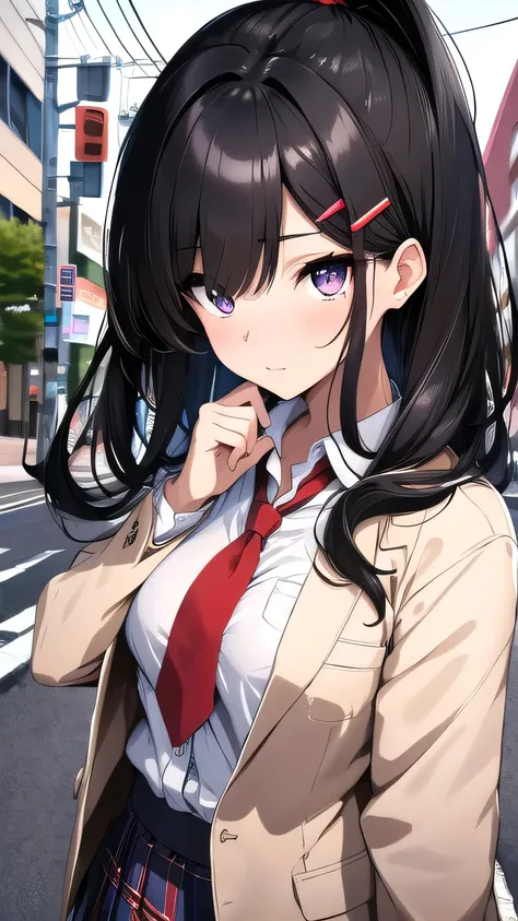 black hair, hairclip, sparkle, pov, anatomically correct, high details, highres, high quality, textured skin, masterpiece, accurate, perfect detailed eyes, perfect detailed face, ultra-detailed nose, Japanese high school girl, blazer, plaid skirt, white sh...