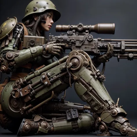 8K, Real Photo, Realistic Skin Texture, Super Realism, (WWII Era), (Mechanical Suit), Steampunk, Beautiful Forest Through Trees, Heavy Weapons, Vivid Textures, Beautiful Hair, Japanese Female Soldier, (Super Beautiful Face), Legs, ((Super Realistic All Tex...