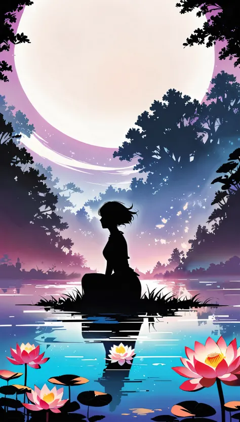 (Heroine silhouette:1.5),Silver Bob Hair, powerful,On the Lake，High contrast, light, Mysterious atmosphere,，lotus，lotus leaf，A moon