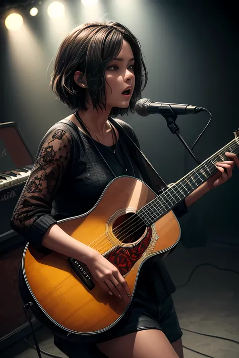 a talented guitarist playing an Acoustic guitar, photorealistic, highly detailed, intricate, cinematic lighting, dramatic shadows, vibrant colors, musical instruments, stage performance, focus on the musicians hands and expression, crowd in the background,...