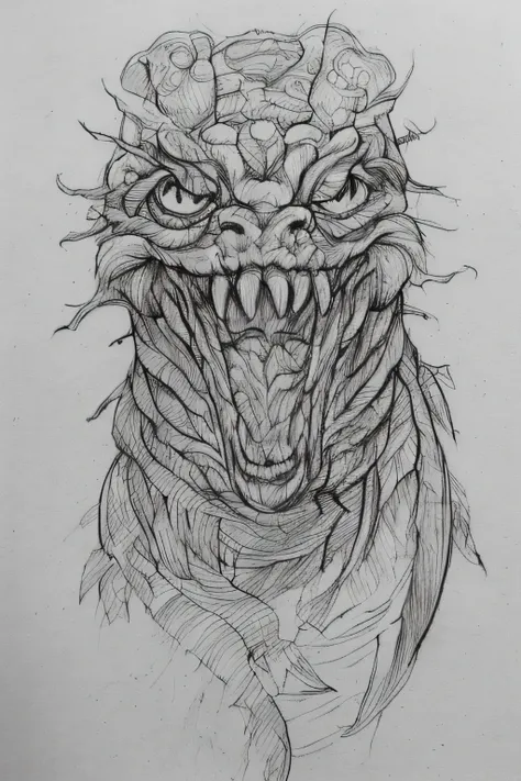 A pencile doodle of an ugly monster, less detailing, a lot of errors, over lining, messy, drawn in a lined diary,  no shading, no blending, a sign on the sketch