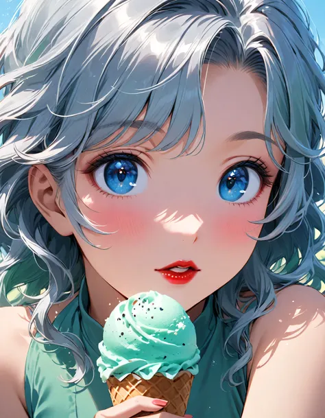 Close-up of a person holding an ice cream cone, pretty girl, Wavy silver-haired woman, bangs, Bright Blue Eyes, Red lips, Gentle green dress,