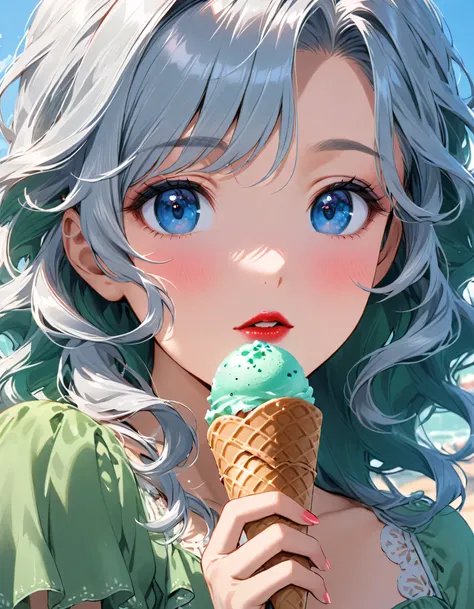 Close-up of a person holding an ice cream cone, pretty girl, Wavy silver-haired woman, bangs, Bright Blue Eyes, Red lips, Gentle green dress,