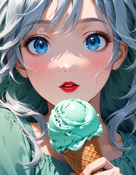 close-up of a person holding an ice cream cone, pretty girl, wavy silver-haired woman, bangs, bright blue eyes, red lips, gentle...