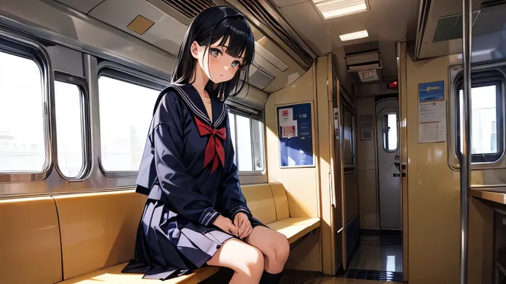 Female students in the early Showa period , Sailor suit,Long blue pleated skirt,Look at me with cold eyes.、I approached those eyes,Owns a book,I am on a train,Sitting