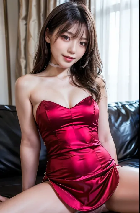 Very beautiful asian girl,alone,Mature Girls,Hair-brushing pose,Spread your legs,Spread your legs,Sit on the sofa with your legs apart,In a hotel room,Satin dress,Burgundy Dress,Mermaid dress made of slightly transparent silk,strapless backless dress,Shiny...