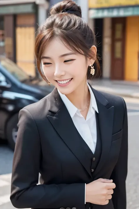 young woman、 Korean women、Brown Hair、Hairstyle bun、ear piercing、、Black business suit、smile、Laugh with your mouth closed、Intricate details, Very detailed:1.2), 、 Looking into the camera,The background is the town、