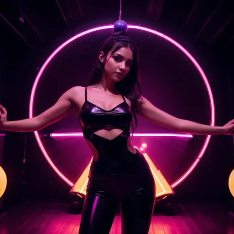 Beautiful young woman, dancer, dressed in a tight-fitting costume in a space style, dances while juggling glowing balls against the backdrop of a dark hall with neon lights, cinematic quality, hyperrealism, neo noir, neon lights