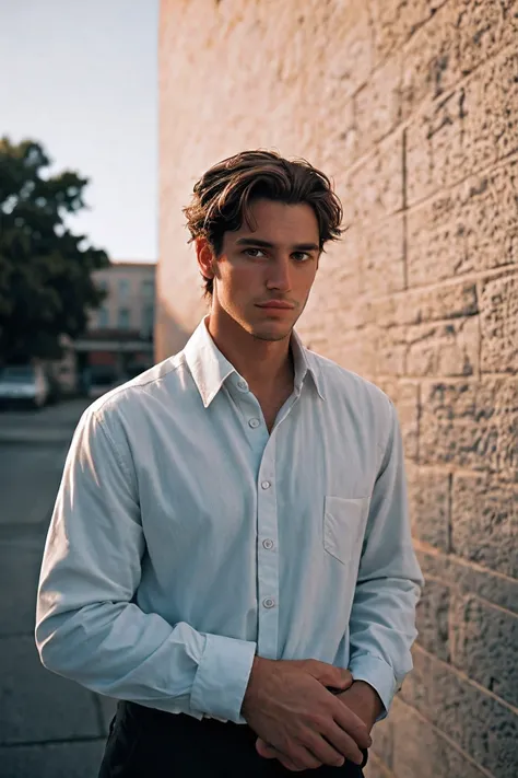 portrait of handsome men, shot on leica, shadowplay, gorgeous lighting, subtle pastel hues, outdoors