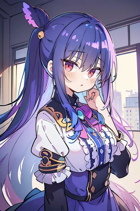 (best quality:1.3), (masterpiece:1.3), (illustration:1.3), (ultra-detailed:1.3), (imid shot:0.9), 1girl, medium breasts, purple eyes, (((dark blue hair))), hair ornaments, young, outfit-gladiia, long hair, dark blue hair, indoors, black shorts, thigh-highs...