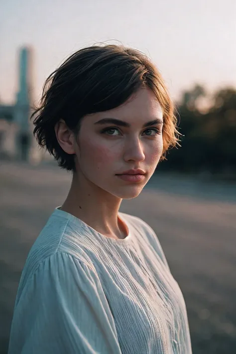 portrait of beautiful female short hair, shot on leica, shadowplay, gorgeous lighting, subtle pastel hues, outdoors