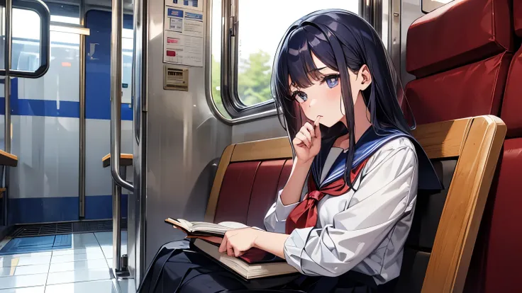 Female students in the early Showa period , Sailor suit,Long blue pleated skirt,Look at me with cold eyes.、I approached those eyes,Owns a book,riding a train,Sitting