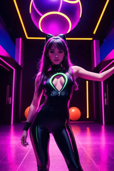 Beautiful young woman, dancer, dressed in a tight-fitting costume in a space style, dances while juggling glowing balls against the backdrop of a dark hall with neon lights, cinematic quality, hyperrealism, neo noir, neon lights