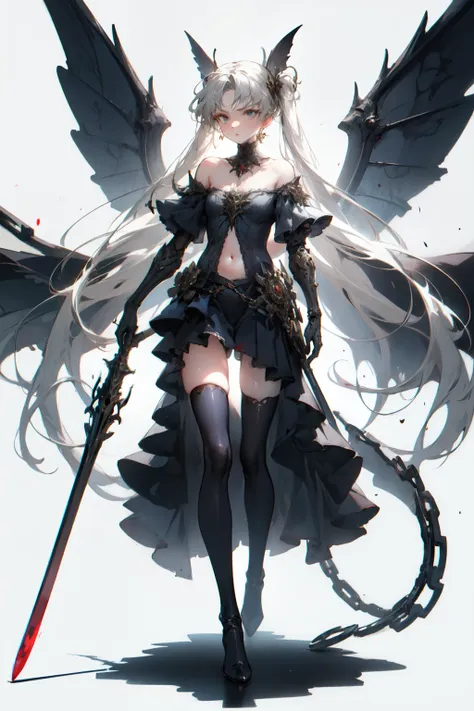 ((best quality)), ((masterpiece)), (detailed), 1girl, off-shoulder, character design, female, long white grey hair, grey white e...