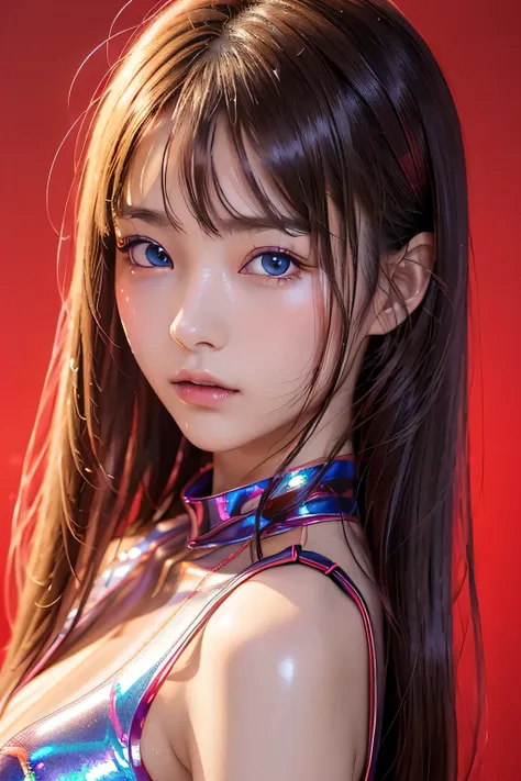 masterpiece、highest quality、8k、 ((upper shot close-up)) 、１girl、(16 years old)、red background、simple background、、、 sad blue eyes、...