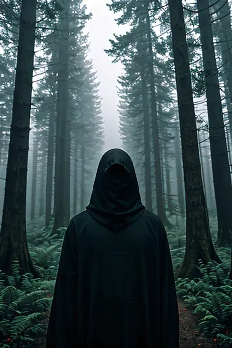 in the forest, a man with a black hood covering his face, who has raised the homeland to the sky, and behind him, mist