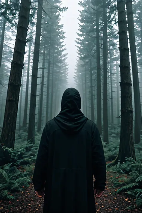 in the forest, a man with a black hood covering his face, who has raised the homeland to the sky, and behind him, mist