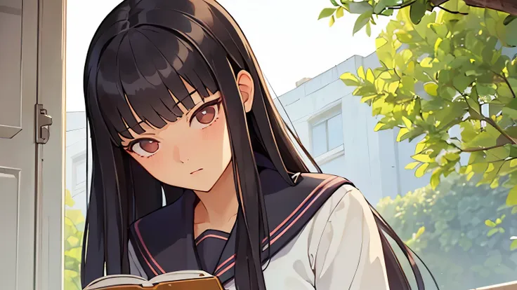 (masterpiece, highest quality:1.2), To Bartholomew, Cleanliness, (One girl, alone), (Long black hair, Straight hair, amount), Brown eyes, (serafuku, Sailor suit),Reading a book