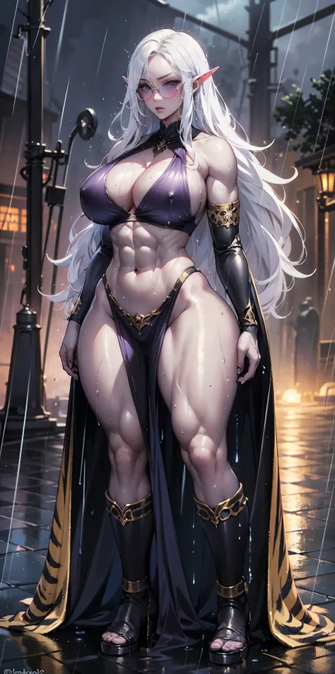 Full body, masterpiece, 1solofemale drow elf purple skin standing pose (yellow tiger bikini) red cape, red bikini, long white hair, strong body, abs, Ultra Quality, shiny skin, Atmospheric, 8K, Cinematic ((Street background)) BREAK, sunglasses (wet rainy, ...