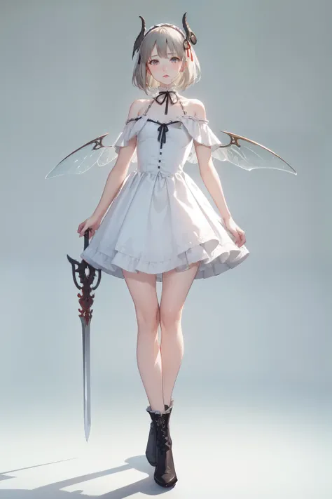  ((best quality)), ((masterpiece)), (detailed), 1girl, off-shoulder, Character design, female, long white grey hair, grey white eyes, small frame, very skinny, detailed, best quality, no accesoires around the neck, no shoes, prominent collarbones, skinny a...