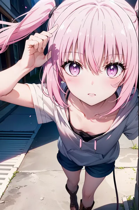 nana devil,  that deviluke, tooth, long hair, (pink eyes:1.5), pink hair, tail, twintails, (flat chest:1.2),
oversized hoodie,sh...