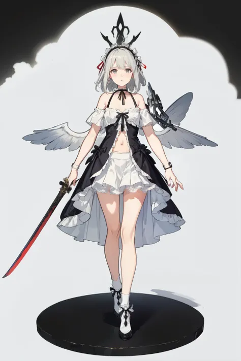 ((best quality)), ((masterpiece)), (detailed), 1girl, off-shoulder, Character design, female, dynamic poses, long white grey hair, grey white eyes, small frame, very skinny, detailed, best quality, no accesoires around the neck, no shoes, prominent collar...