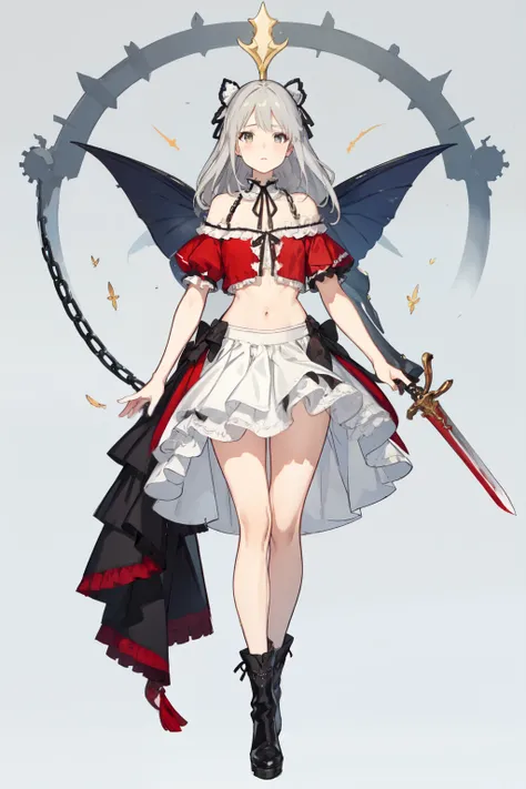  ((best quality)), ((masterpiece)), (detailed), 1girl, off-shoulder, Character design, female, dynamic poses, long white grey hair, grey white eyes, small frame, very skinny, detailed, best quality, no accesoires around the neck, no shoes, prominent collar...