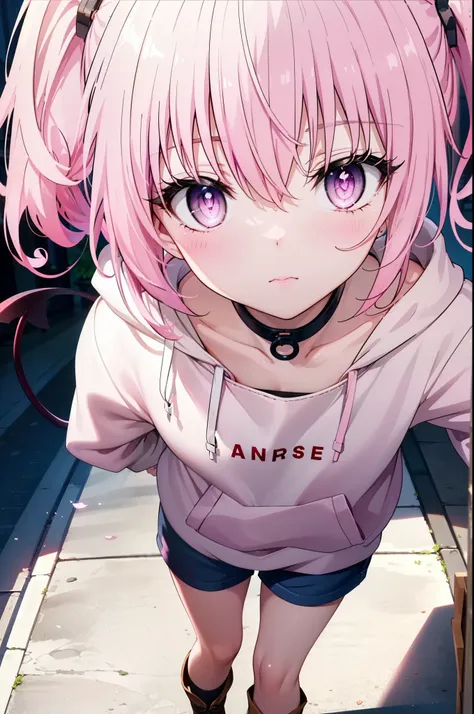 nana devil,  that deviluke, tooth, long hair, (pink eyes:1.5), pink hair, tail, twintails, (flat chest:1.2),
oversized hoodie,sh...