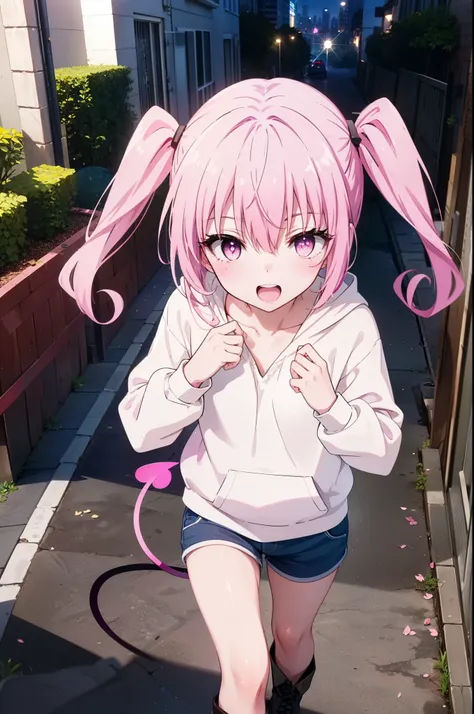 devil,  that deviluke, one girl,teeth, long hair, (pink eyes:1.5), pink hair, tail, twin tails, (flat chest:1.2),tail,happy smil...