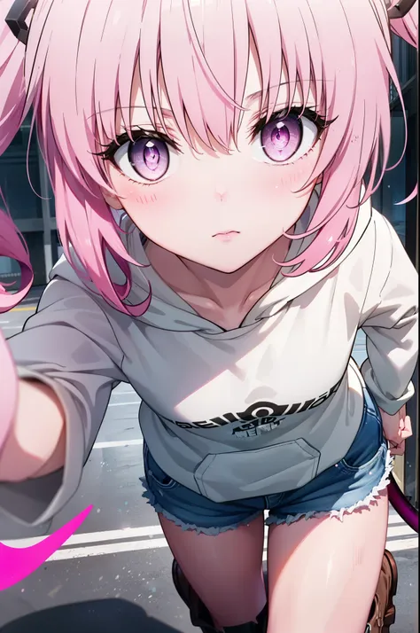 nana devil,  that deviluke, tooth, long hair, (pink eyes:1.5), pink hair, tail, twintails, (flat chest:1.2),
oversized hoodie,sh...