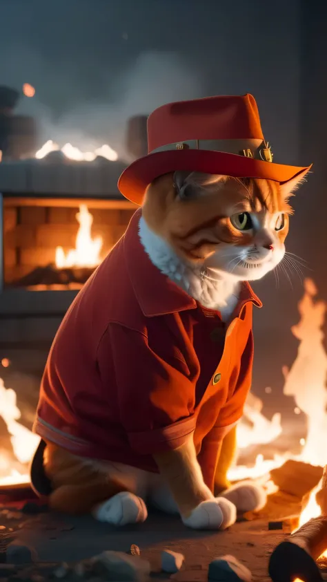 red cat in a hat, fire, view viewer