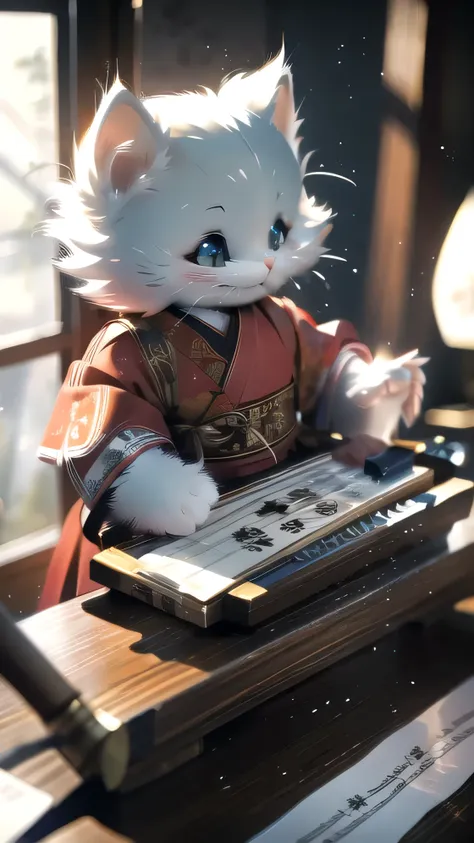 white kitten in chinese clothing, chinese calligraphy, chinese clothing, musical instruments, music, drums