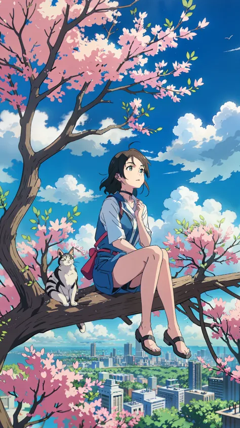 a woman sitting on top of a tree next to a cat, makoto shinkai and artgerm, makoto shinkai ( apex legends ), matoko shinkai, ver...