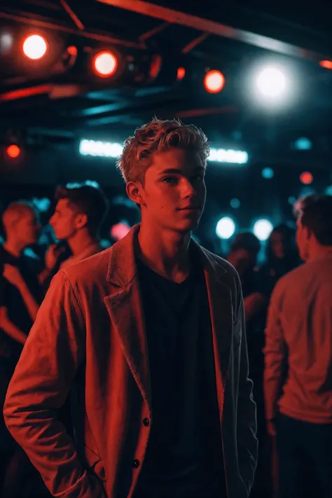 handsome teenage ,nightclub party , shot on leica, shadowplay, gorgeous lighting, subtle  hues,