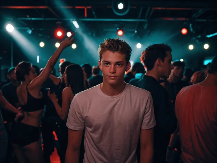 handsome teenage ,nightclub party , shot on leica, shadowplay, gorgeous lighting, subtle hues,
