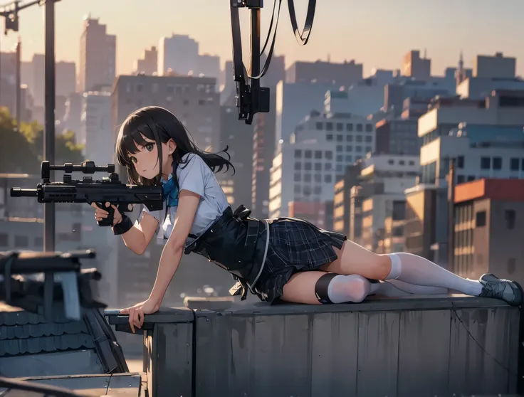 1girl, solo, long hair, looking at viewer, skirt, shirt, black hair, bow, holding, , white shirt, weapon, pleated skirt, outdoors, socks, bowtie, bag, holding weapon, blurry, black eyes, gun, plaid, kneehighs, backpack, ground vehicle, black socks, buildin...