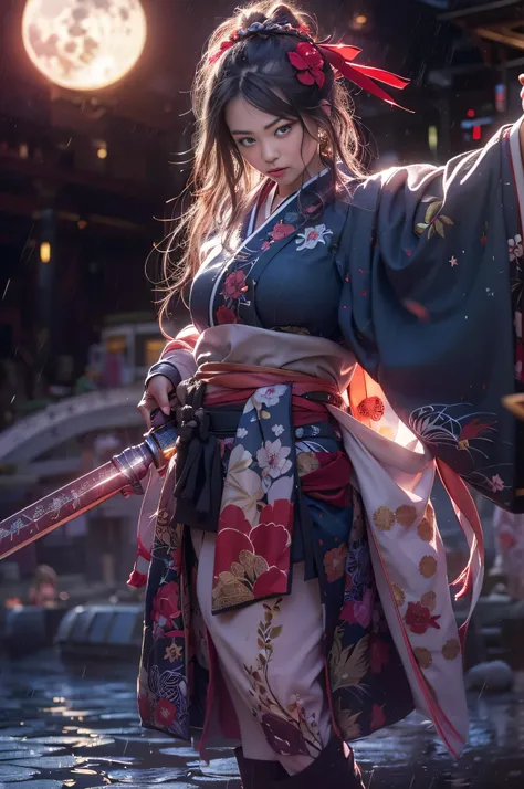 (8k, highest quality, Tabletop:1.2), (SFW:1.3), (Realistic, photo-Realistic:1.37), 1 beautiful girl, Swordsman, whole body, (Japanese Kimono), mini skirt, Long Hair, Ribbon in her hair,Old Japanese Village, night, full moon, moonlight, fire, (Shining Long ...