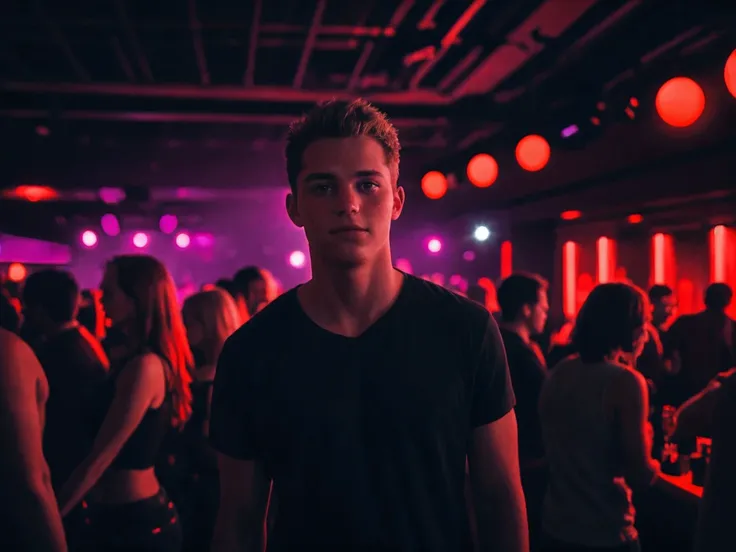 handsome teenage ,nightclub party , shot on leica, shadowplay, gorgeous lighting, subtle hues,
