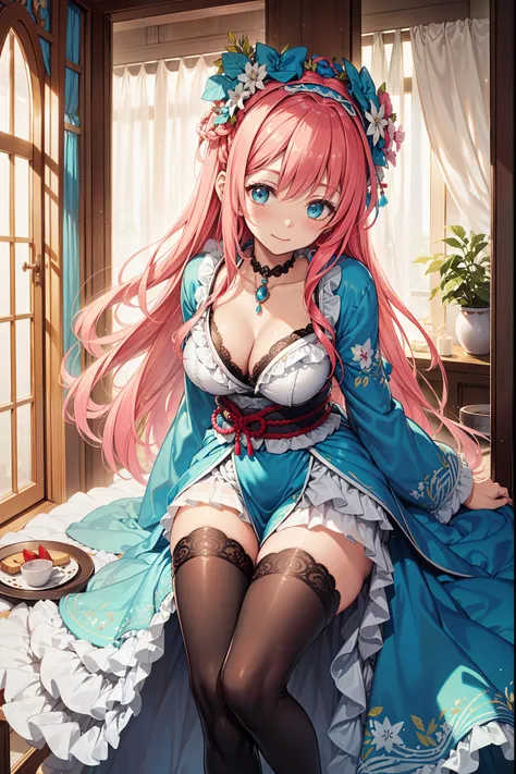 (best quality, high resolution, textured skin, high quality, high detail,Extremely detailed CG Unity),teenage girl，Obsessed，divine happiness，in love，(Swimwear and Kimono:1.2)，pink hair，blue eyes，(Fabric headwear minimalism，Multi-layered delicate ruffles，lo...