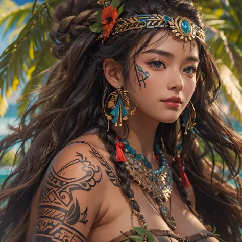 Polynesian Sea、Hair blowing in the wind 、 ((highest quality、masterpiece、8k、Best image quality、Ultra-high resolution、Award-winning works)、(Accurate anatomy:1.1)、(Look at me and smile:1.0)、Shining fair skin with Ultra-high resolution、The most detailed face、U...