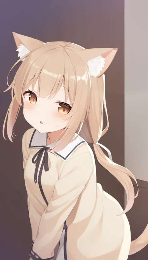1 girl, , long hair, Low double ponytail, Fluffy double ponytail, Light brown hair, Cat ears, Animal ear fluff, Cat's eyes, bedroom, window, Cherry blossoms, winter,snow, morning, portrait, Upper Body,Barefoot,cry,blush