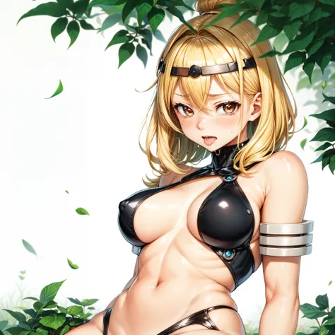 Female Combatant、Blonde Japan girl、Close-up of a girl in a black bikini、Black shiny bikini、Black boots、Saiyan Girl, wonderful, Nano Girl, Female body type, Inspired by Hiromu Arakawa, Anime Manga Robot!! Anime Girls, Fubuki, Full Body Suit, by Hiromu Araka...