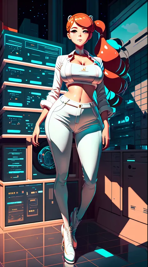 sonia from pokemon, 1girl:1.5, sexy body, milf, tight jeans, lab coat, navel, masterpiece,(bright white sci-fi labratory:1.5), r...