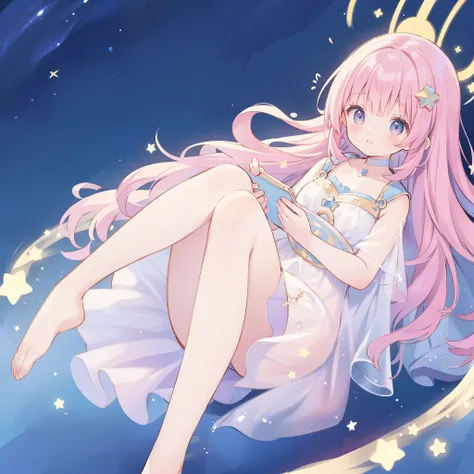 complex background, wishing star background, a woman wearing an ethereal mystical pink translucent dress that reflects the stars, dreamy, peaceful, serene composition, glowing stars, glowing, mystic, complex drawing, highly detailed, ethereal, starry night...