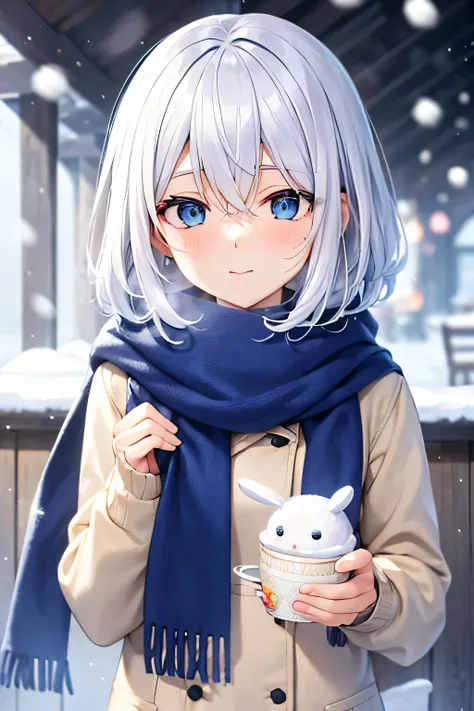 Bob white hair , , blue eyes, sweater, scarf, snow, very detaile, cute, snow rabbit, cold